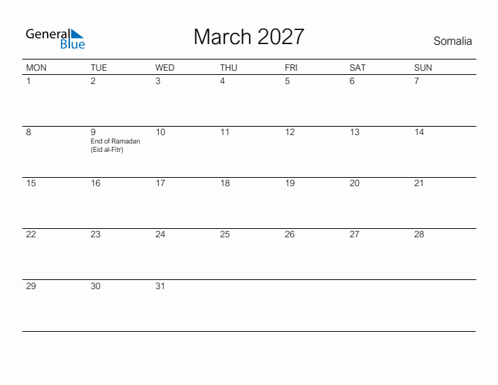 Printable March 2027 Calendar for Somalia