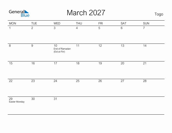 Printable March 2027 Calendar for Togo