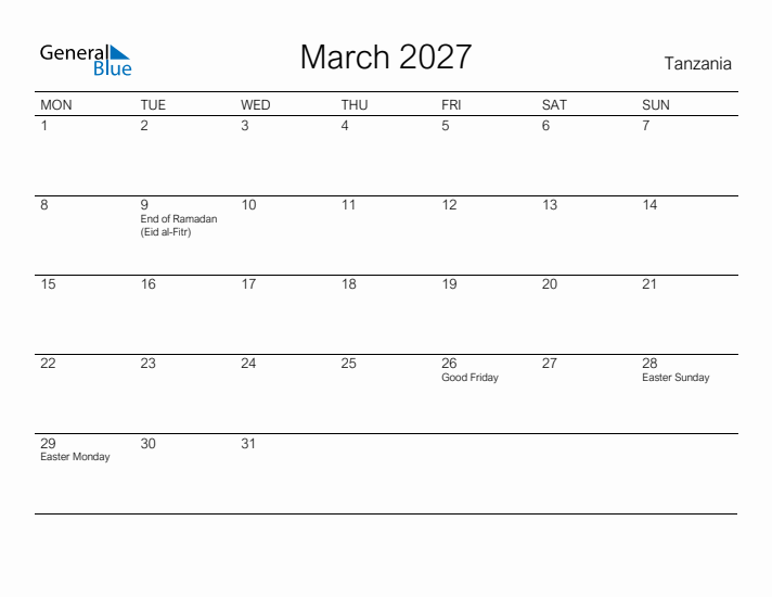 Printable March 2027 Calendar for Tanzania