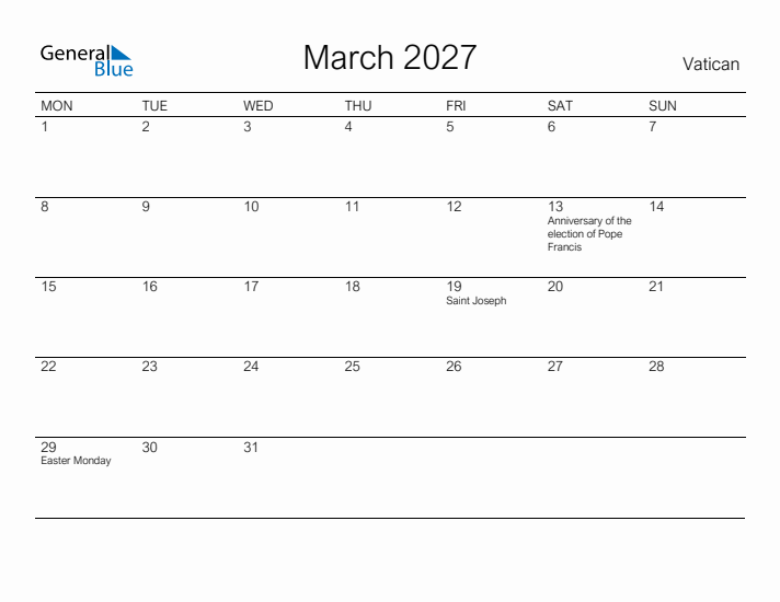 Printable March 2027 Calendar for Vatican