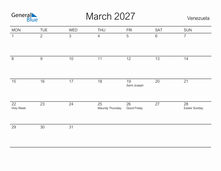 Printable March 2027 Calendar for Venezuela