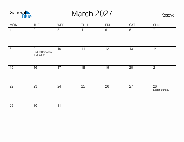 Printable March 2027 Calendar for Kosovo