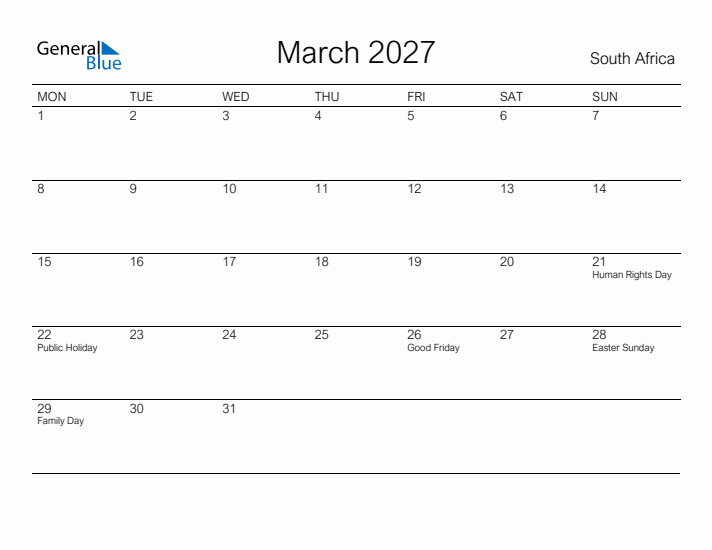 Printable March 2027 Calendar for South Africa