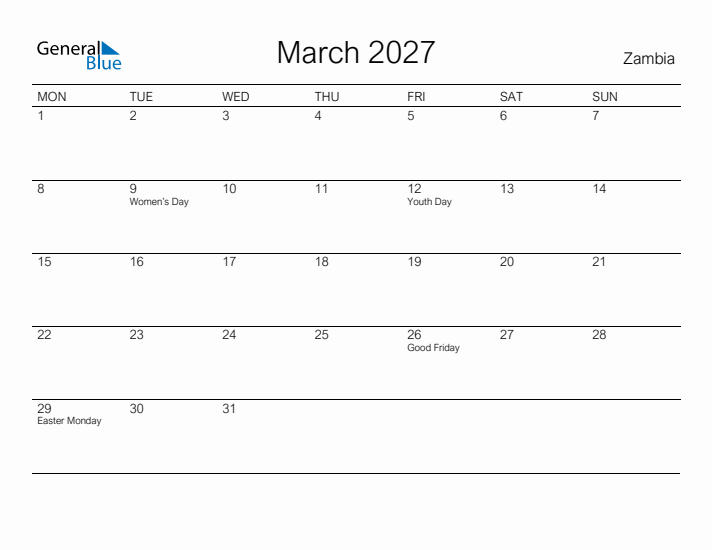 Printable March 2027 Calendar for Zambia