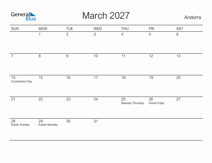 Printable March 2027 Calendar for Andorra