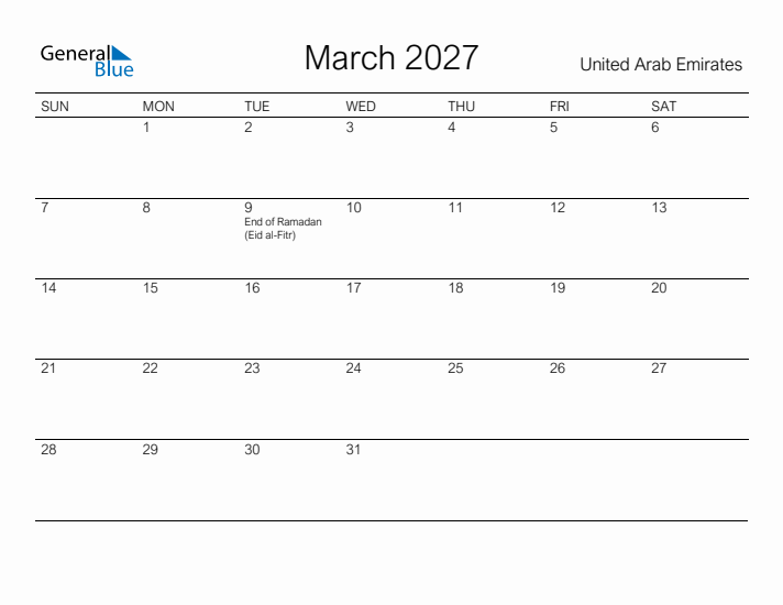 Printable March 2027 Calendar for United Arab Emirates