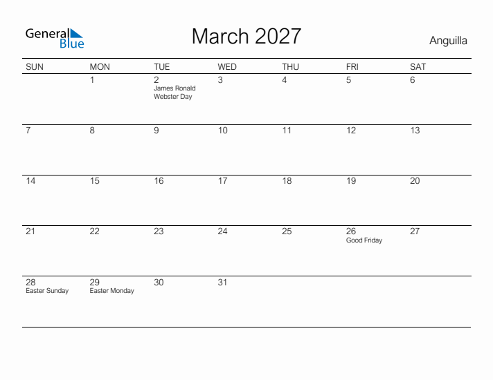 Printable March 2027 Calendar for Anguilla