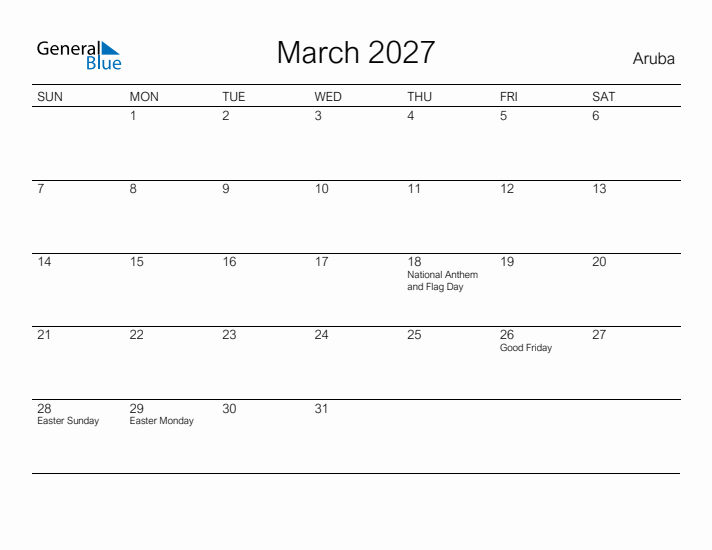 Printable March 2027 Calendar for Aruba