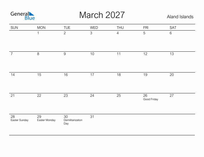 Printable March 2027 Calendar for Aland Islands