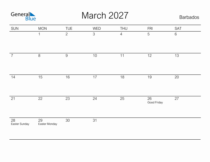 Printable March 2027 Calendar for Barbados