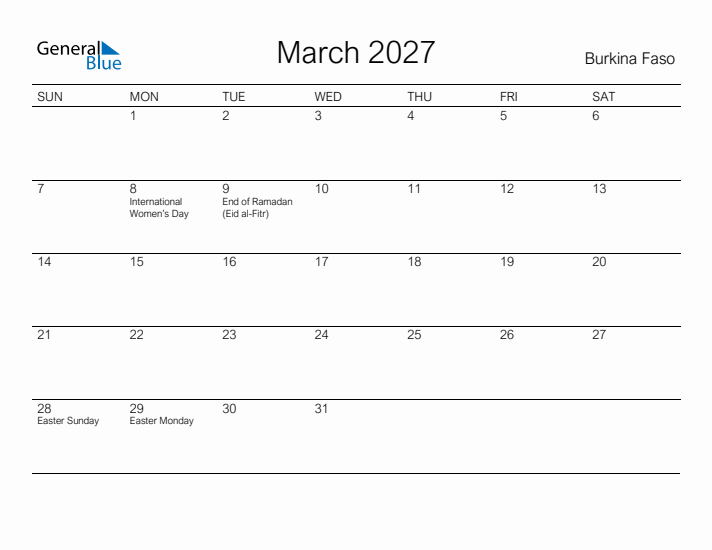 Printable March 2027 Calendar for Burkina Faso