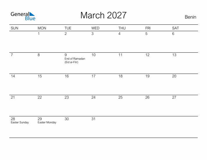 Printable March 2027 Calendar for Benin