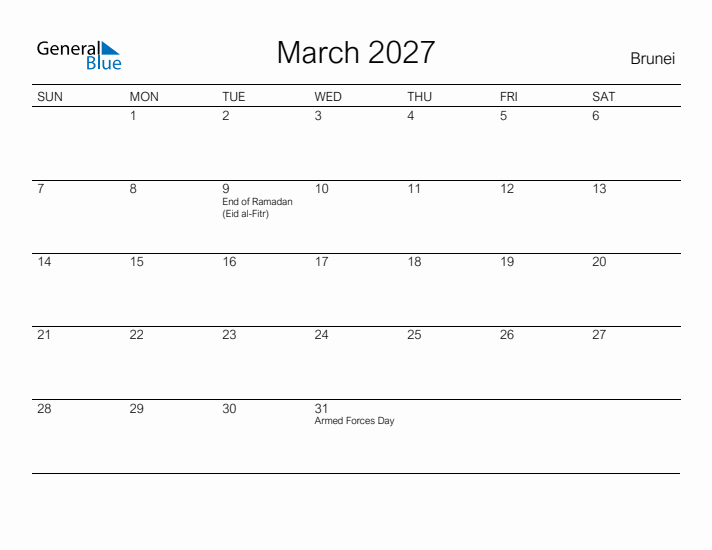Printable March 2027 Calendar for Brunei