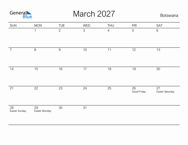 Printable March 2027 Calendar for Botswana