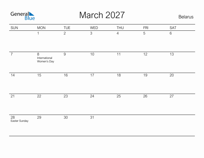 Printable March 2027 Calendar for Belarus