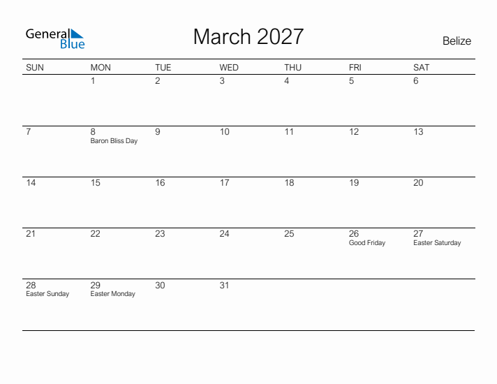 Printable March 2027 Calendar for Belize