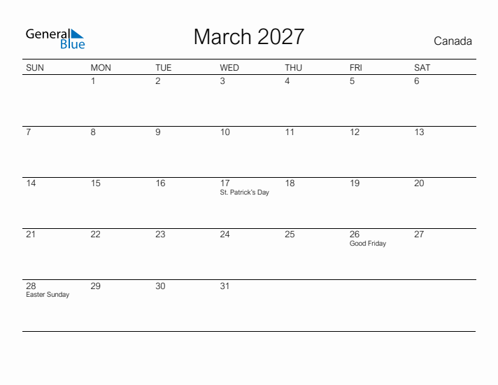 Printable March 2027 Calendar for Canada