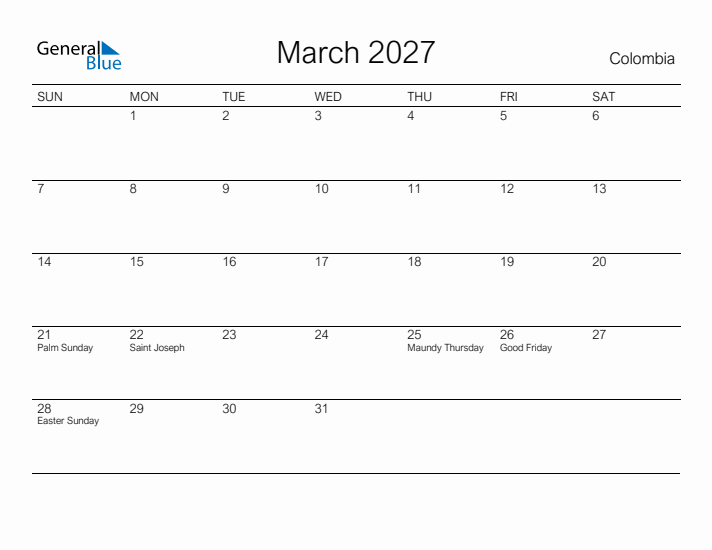 Printable March 2027 Calendar for Colombia