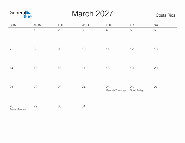 Printable March 2027 Calendar for Costa Rica