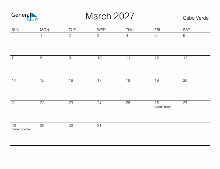 Printable March 2027 Calendar for Cabo Verde