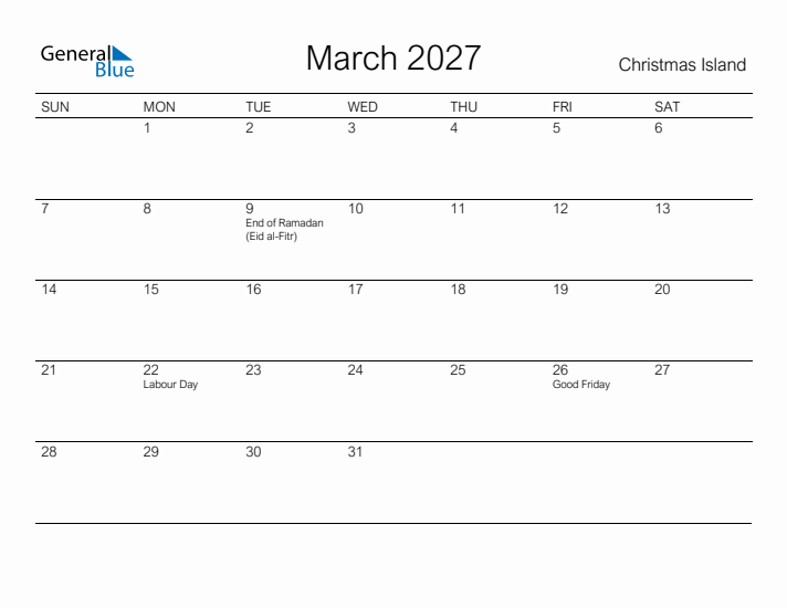 Printable March 2027 Calendar for Christmas Island