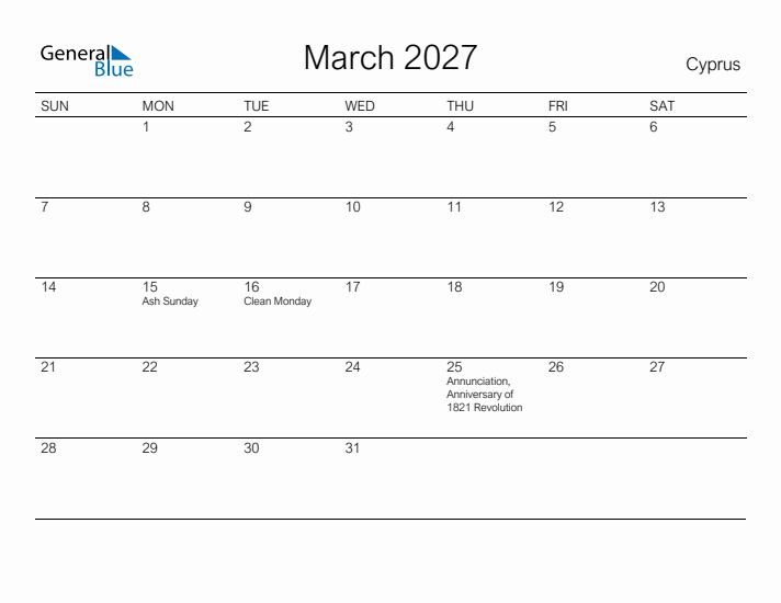 Printable March 2027 Calendar for Cyprus