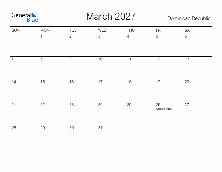 Printable March 2027 Calendar for Dominican Republic