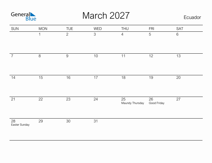 Printable March 2027 Calendar for Ecuador
