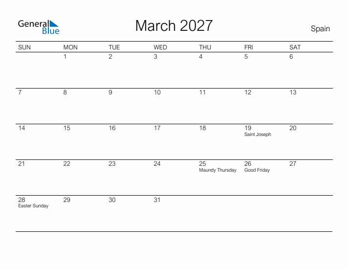 Printable March 2027 Calendar for Spain
