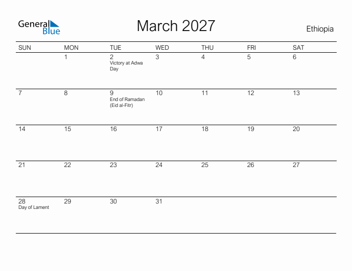 Printable March 2027 Calendar for Ethiopia