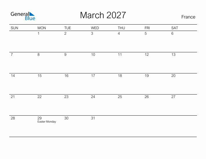 Printable March 2027 Calendar for France