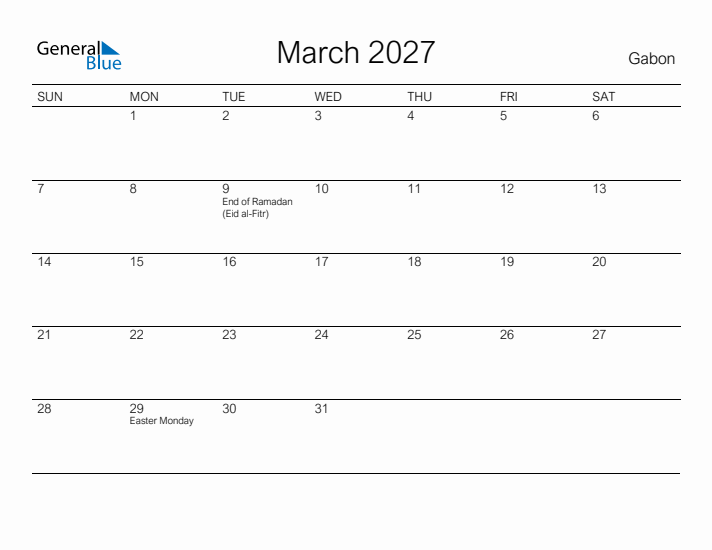 Printable March 2027 Calendar for Gabon