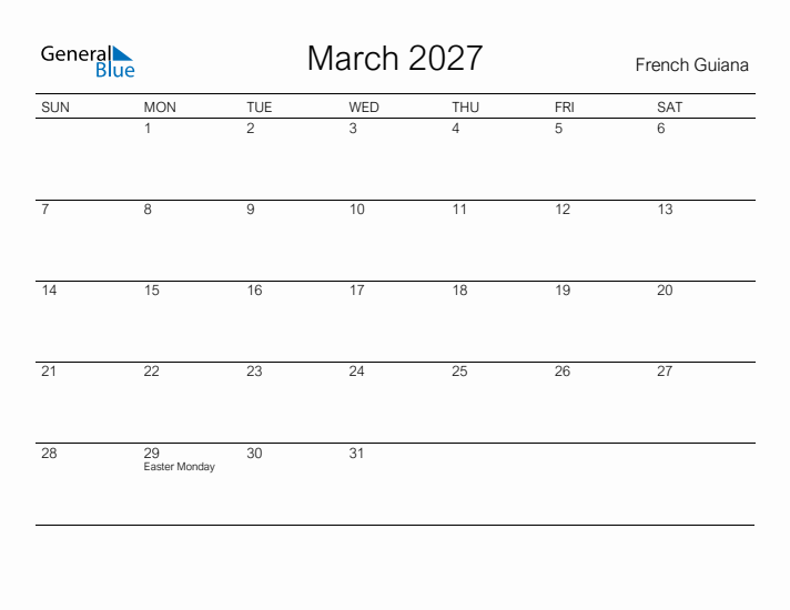 Printable March 2027 Calendar for French Guiana