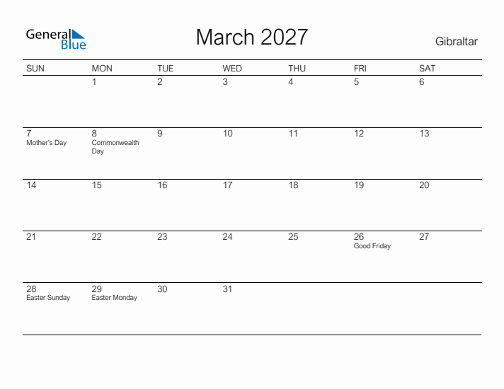 Printable March 2027 Calendar for Gibraltar