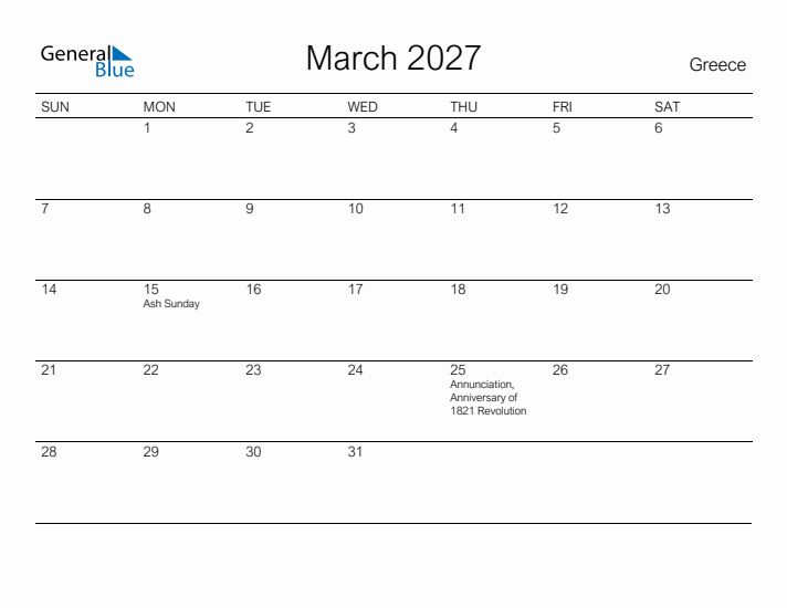 Printable March 2027 Calendar for Greece