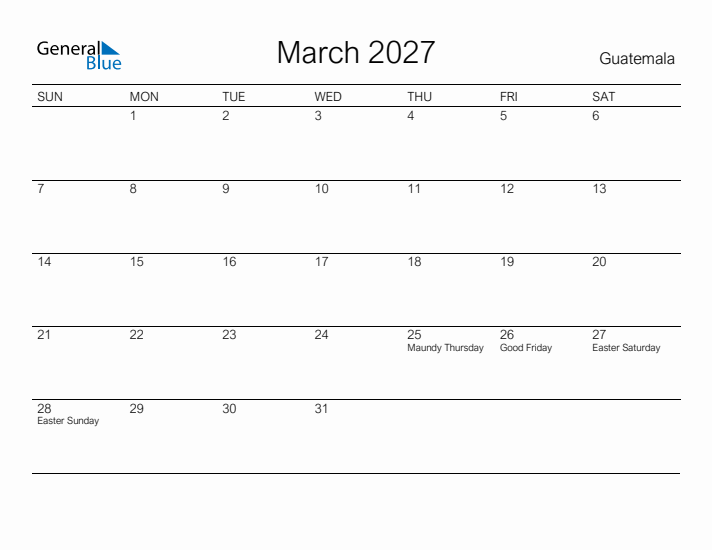 Printable March 2027 Calendar for Guatemala