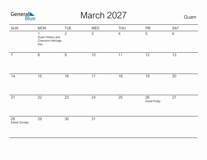Printable March 2027 Calendar for Guam