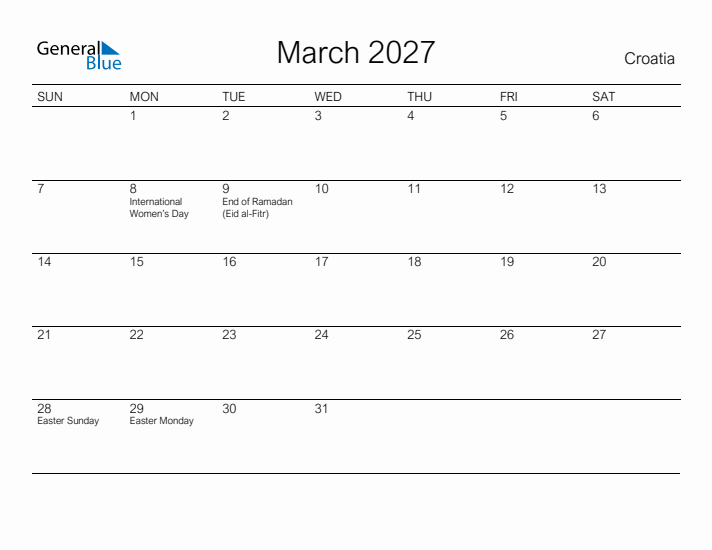 Printable March 2027 Calendar for Croatia