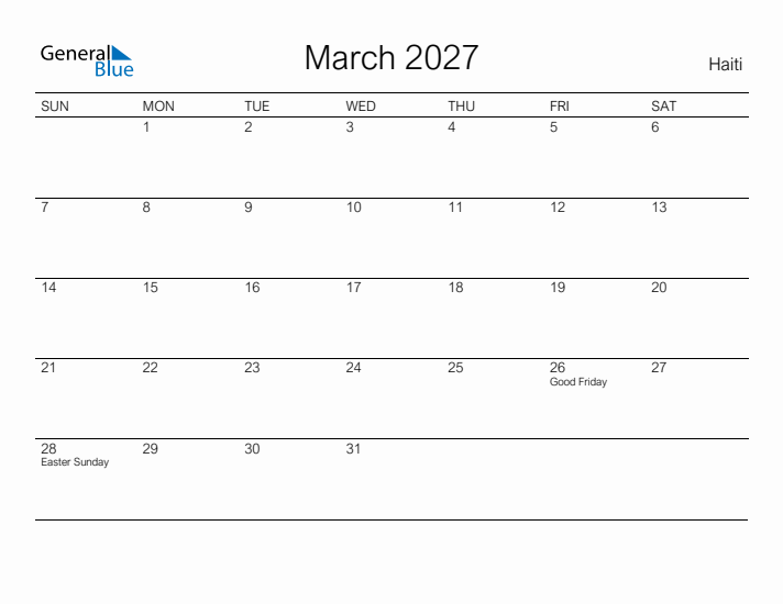 Printable March 2027 Calendar for Haiti