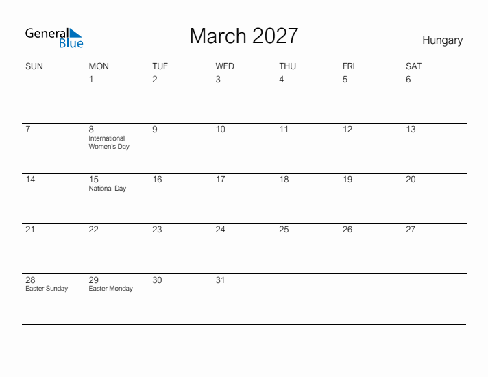 Printable March 2027 Calendar for Hungary
