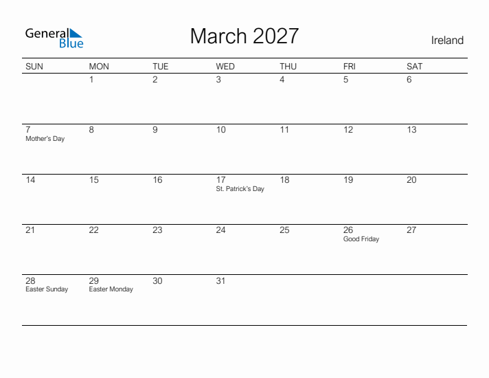 Printable March 2027 Calendar for Ireland