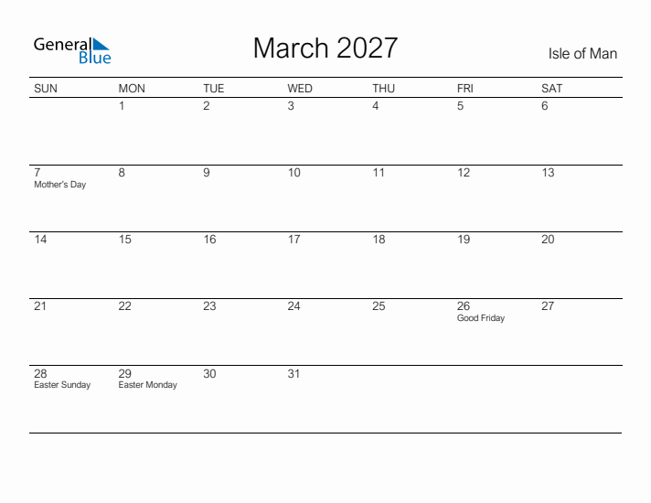Printable March 2027 Calendar for Isle of Man