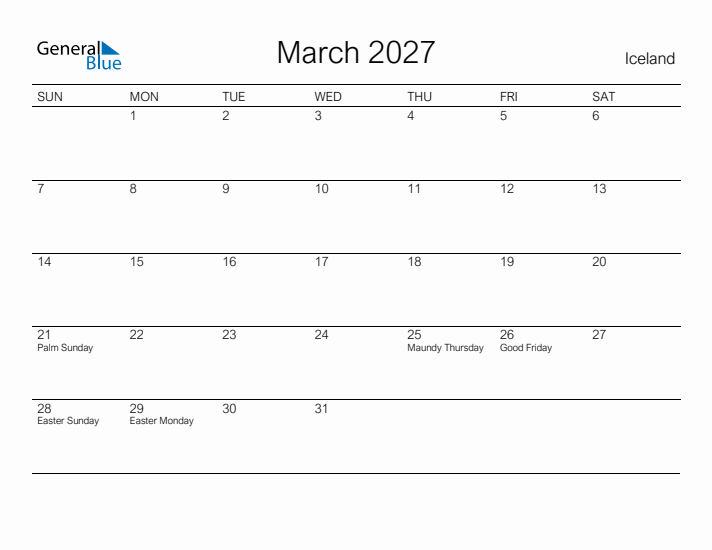 Printable March 2027 Calendar for Iceland