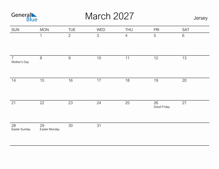 Printable March 2027 Calendar for Jersey