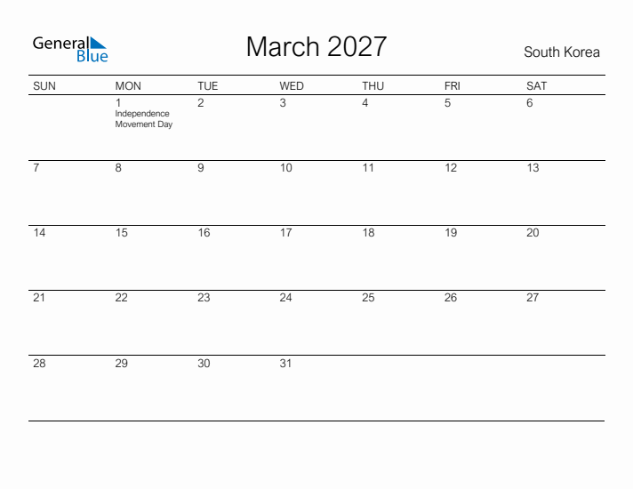 Printable March 2027 Calendar for South Korea