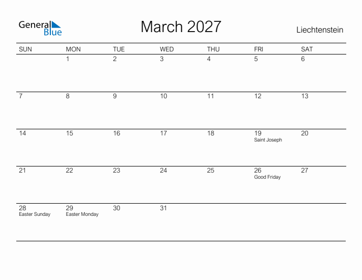 Printable March 2027 Calendar for Liechtenstein
