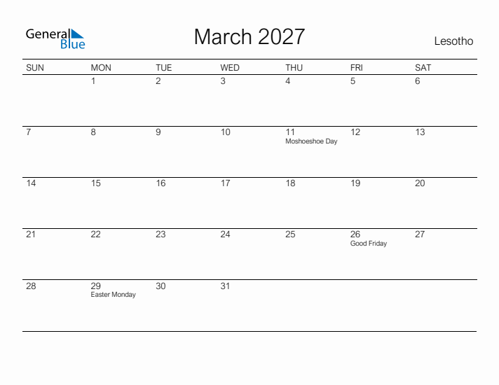 Printable March 2027 Calendar for Lesotho