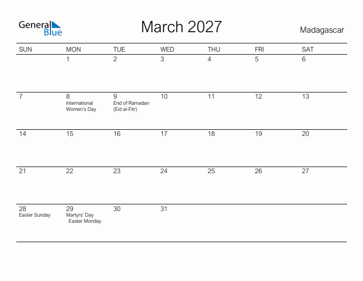 Printable March 2027 Calendar for Madagascar