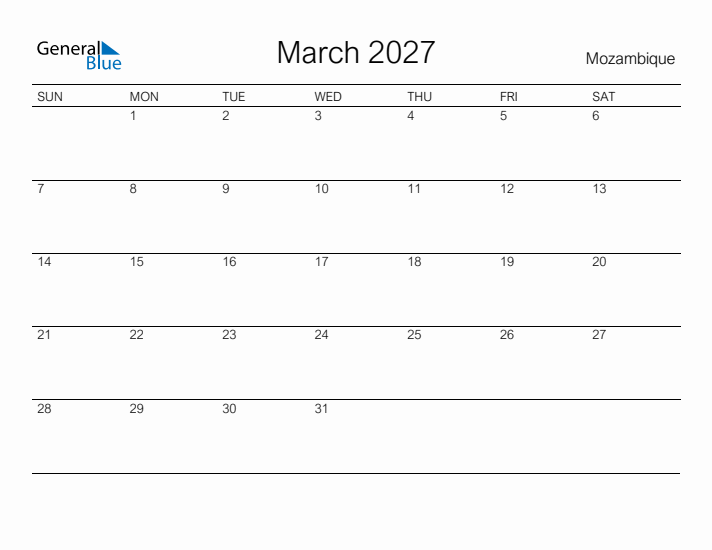 Printable March 2027 Calendar for Mozambique