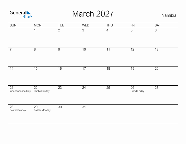 Printable March 2027 Calendar for Namibia